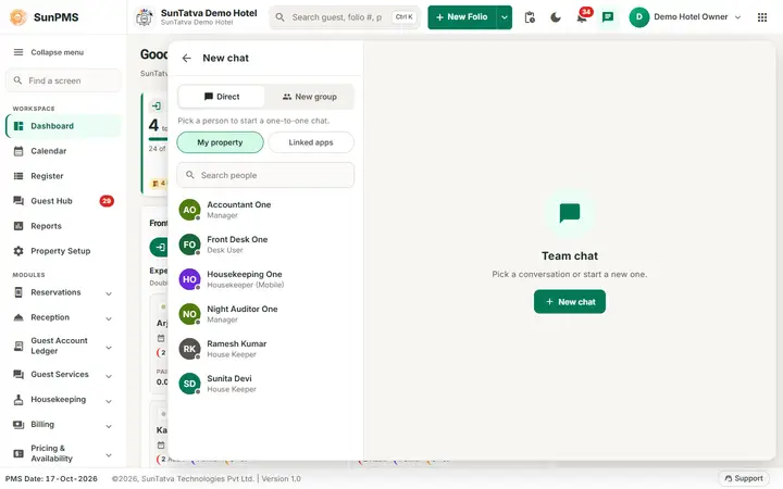 Team chat: open the chat window and start a direct chat: new chat