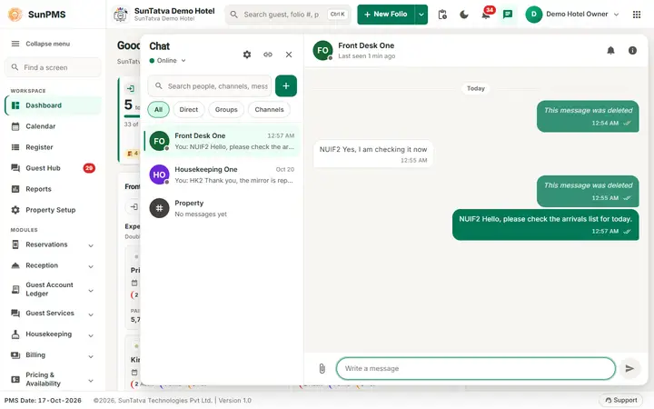 Team chat: open the chat window and start a direct chat: chat sent