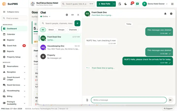 Team chat: open the chat window and start a direct chat: chat typing