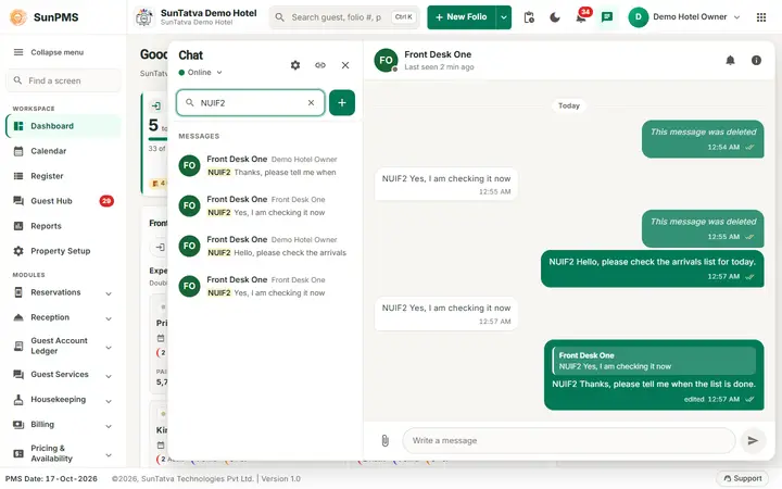 Team chat: messages, reply, edit, delete and attachments: chat search