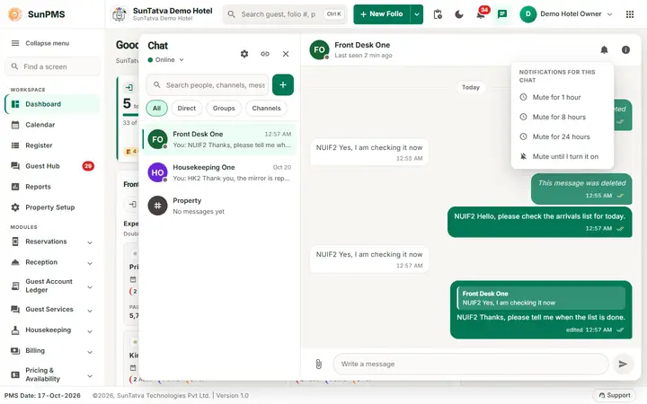 Team chat: messages, reply, edit, delete and attachments: chat mute menu