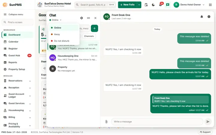 Team chat: messages, reply, edit, delete and attachments: chat status