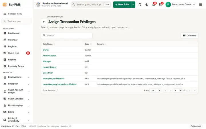 Chat settings, privileges and message retention: assign Transaction Privileges with the list of roles