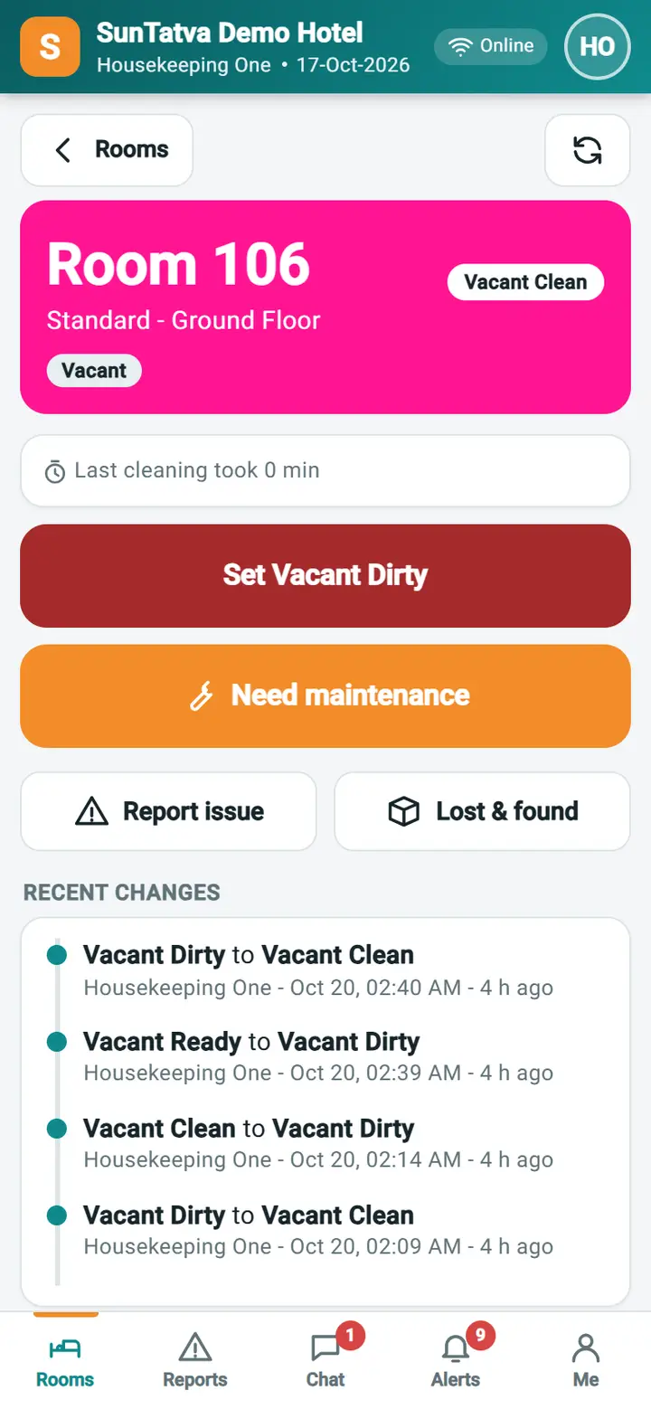 Housekeeping Mobile - Room detail: inspection required: no Mark inspected button for the housekeeper