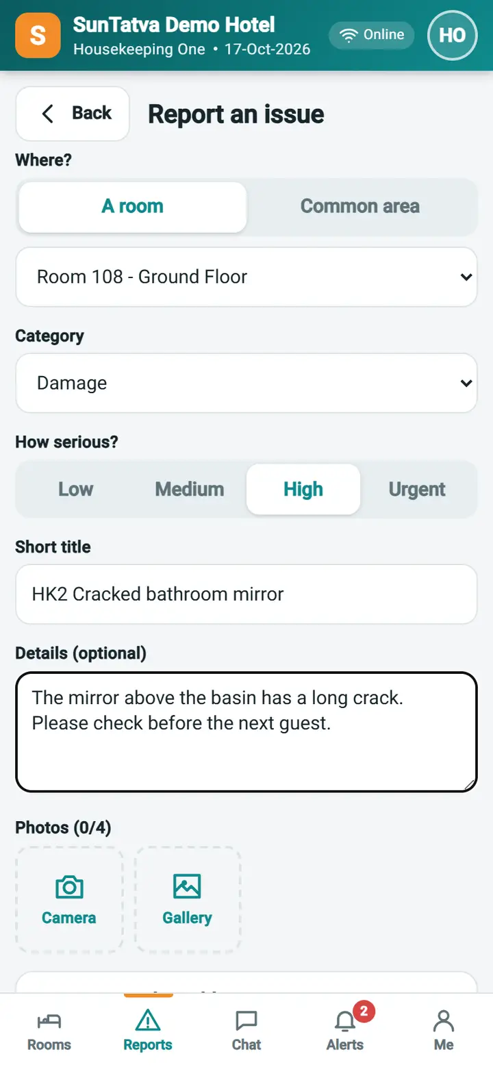 Housekeeping Mobile - Report an issue: report an issue form