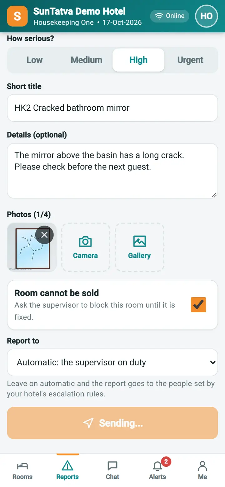 Housekeeping Mobile - Report an issue: hkm report sent