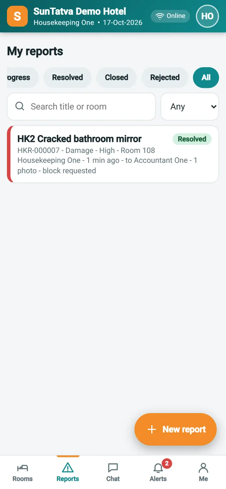 Housekeeping Mobile - My reports: hkm 10b reporter sees update