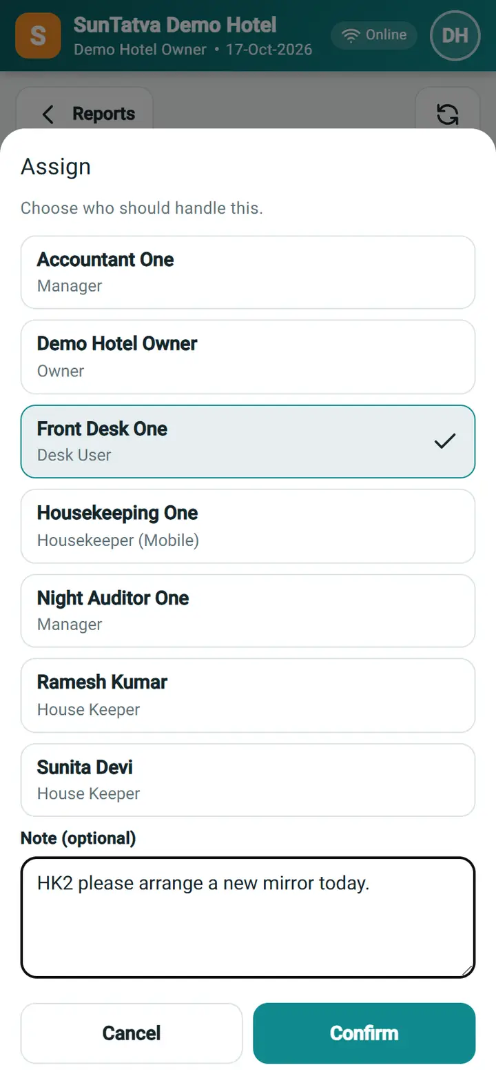 Housekeeping Mobile - Supervisor view: hkm 12b assign