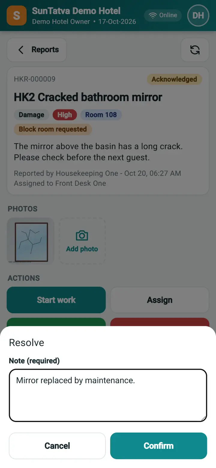 Housekeeping Mobile - Supervisor view: hkm 12c resolve
