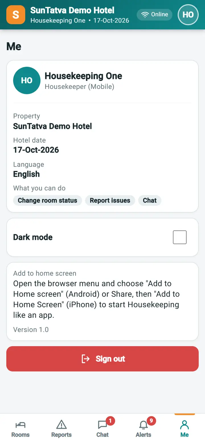 Housekeeping Mobile - Me (profile and settings): me