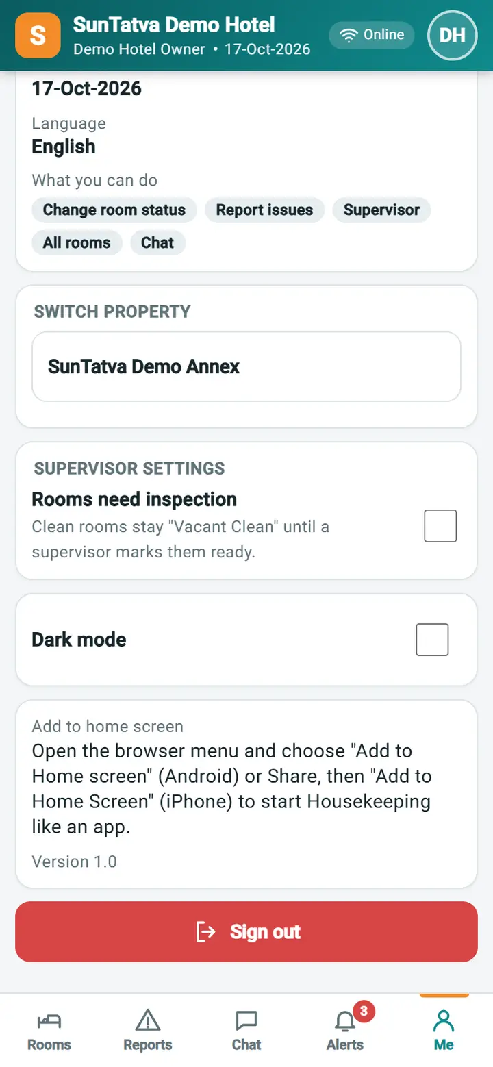 Housekeeping Mobile - Me (profile and settings): hkm 15b profile supervisor