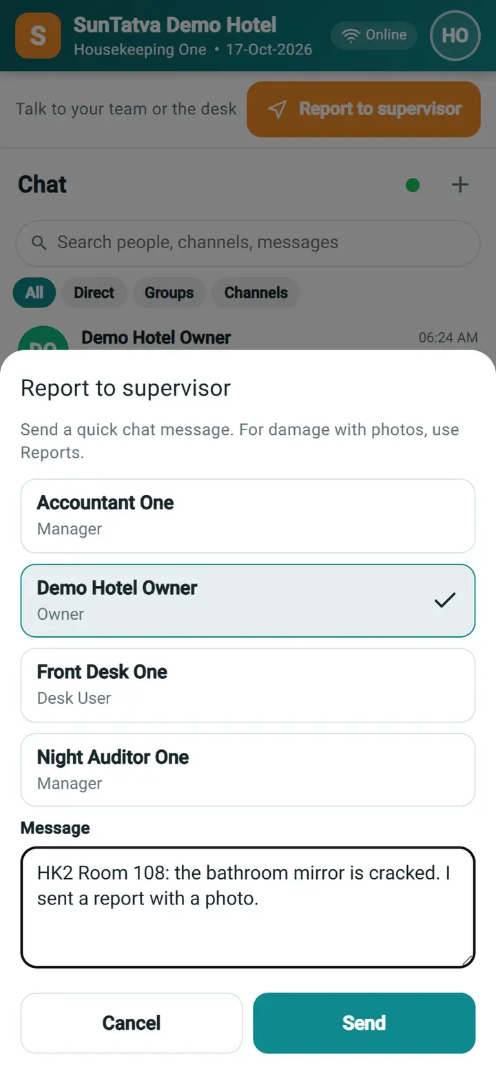Housekeeping Mobile - Chat and Report to supervisor: hkm quick report