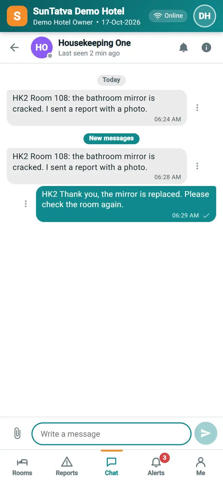 Housekeeping Mobile - Chat and Report to supervisor: hkm chat thread supervisor