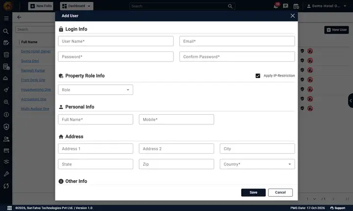 How do I create a Housekeeping Mobile user (a housekeeper who works on the phone)?: add User form