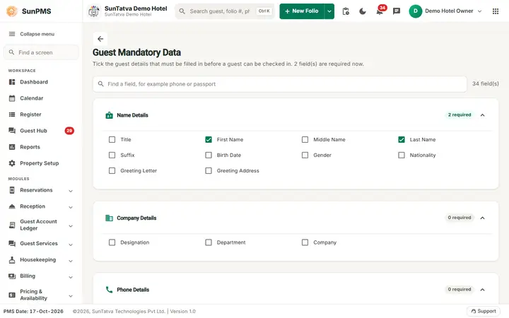 Guest Mandatory data screen