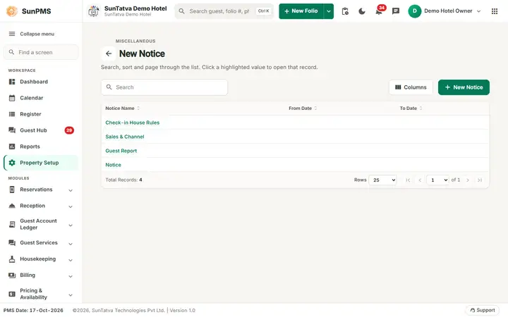 Notice Setup: notice list