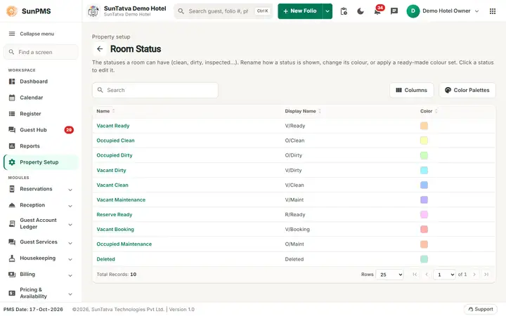 Room Status Setup: room Status list