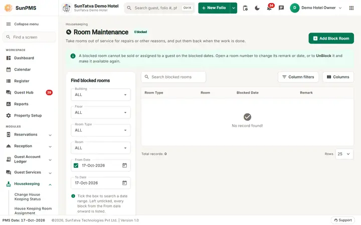 Room Maintenance (Block-Unblock): block Unblock