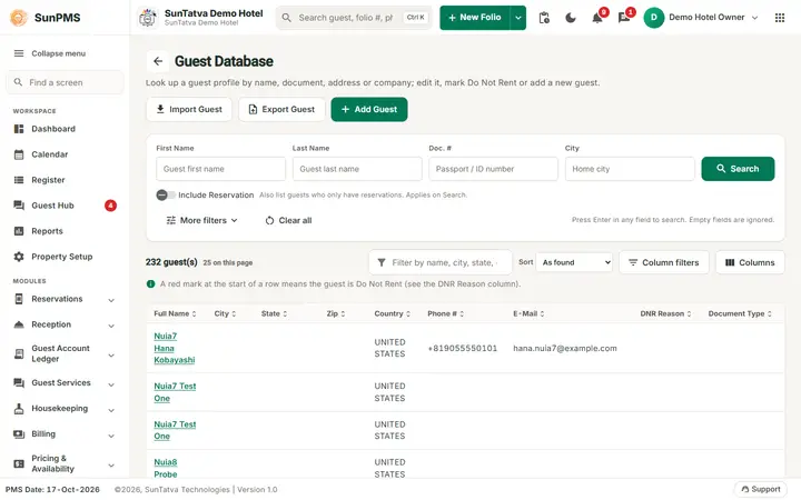 SunPMS screen: Guest database