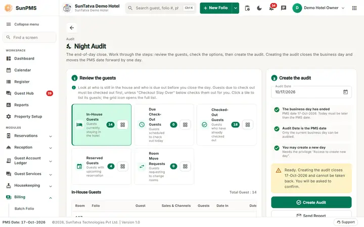 SunPMS screen: Billing and night audit