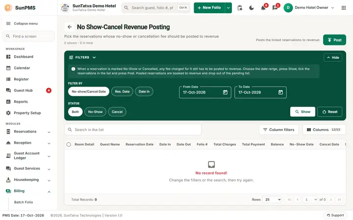 Noshow/Cancel Revenue Posting: no show and cancel posting