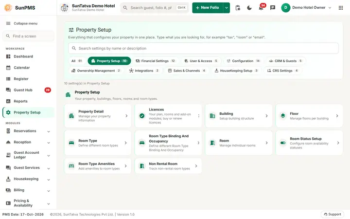 SunPMS screen: Property setup and settings