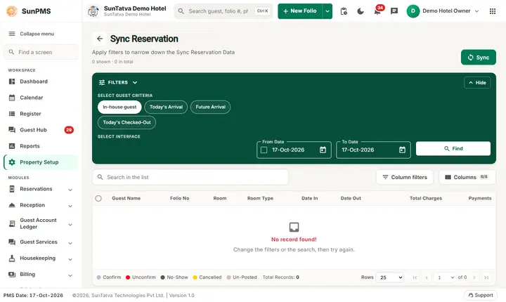 SunPMS screen: Channel manager and OTA sync