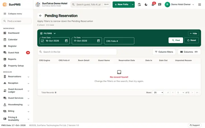 Unposted (Pending) Reservation: pending Reservation